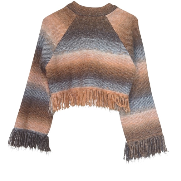 Zara NWT Fringed Cropped Striped Pullover Long Sleeve Sweater Orange - Picture 4 of 9